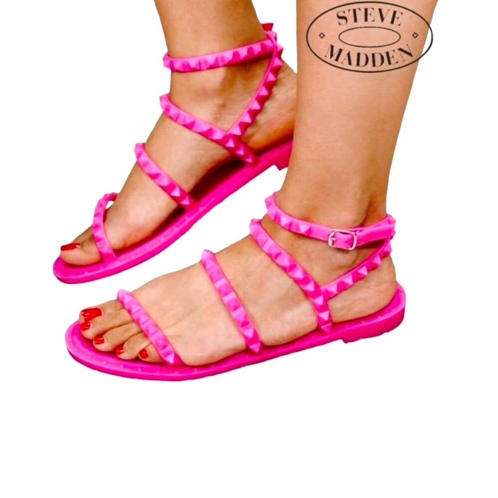 STEVE MADDEN Pink Ankle Strap Studded Jelly Buckle Sandals Shoes 9 M NWOT